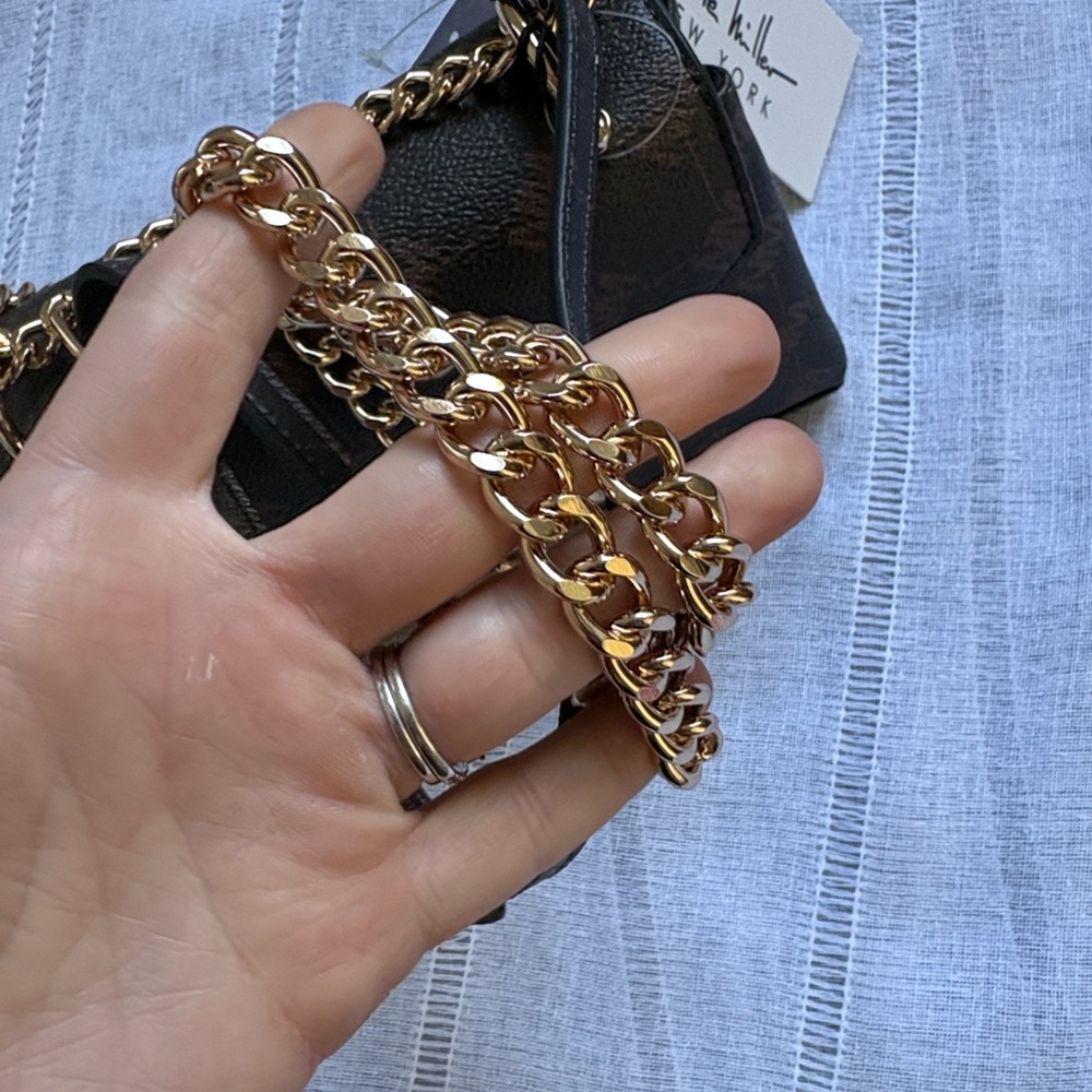 Nicole Miller Brown Logo Print Chain Shoulder Bag - Picture 4 of 14